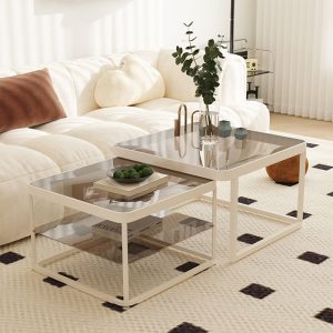 Premium Retro Creamy Style Coffee Table with Tempered Teal Glass and Integrated Lighting - Modern Living Room Decor