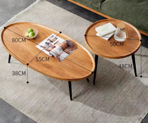 Modern Minimalist Coffee Table Set with Wooden Legs and Surface - Set of 2 One Round Coffee Table 50x50cm and One Oval Shaped Table 80x55cm - 图片 5