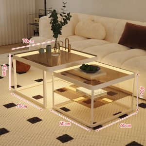 Premium Retro Creamy Style Coffee Table with Tempered Teal Glass and Integrated Lighting - Modern Living Room Decor