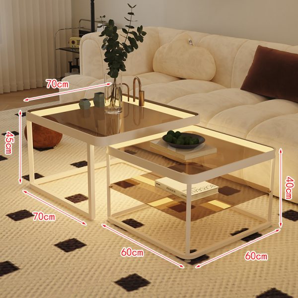 Premium Retro Creamy Style Coffee Table with Tempered Teal Glass and Integrated Lighting - Modern Living Room Decor - 图片 6