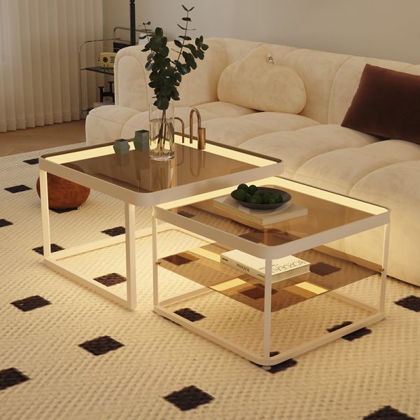 Premium Retro Creamy Style Coffee Table with Tempered Teal Glass and Integrated Lighting - Modern Living Room Decor