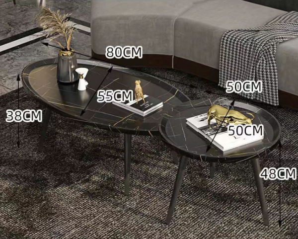 Modern Minimalist Coffee Table Set with Wooden Legs and Surface - Set of 2 One Round Coffee Table 50x50cm and One Oval Shaped Table 80x55cm - 图片 4