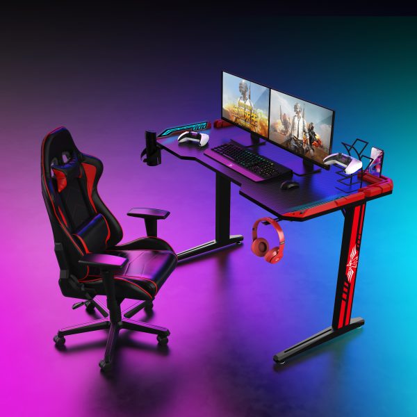 RGB Gaming Desk, 120cm x 60cm T-shape Gaming Computer Desk with Cup Holder, Headphone Hook, Made with E1 Grade Material - Black Trim