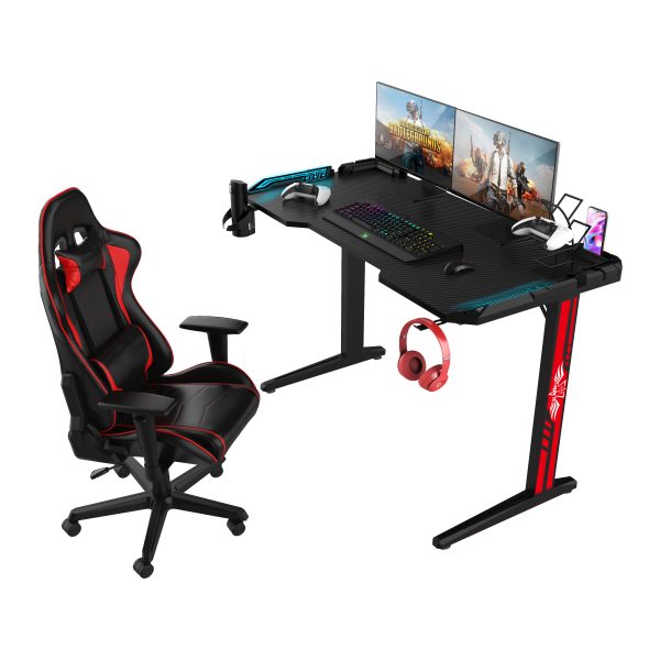 RGB Gaming Desk, 120cm x 60cm T-shape Gaming Computer Desk with Cup Holder, Headphone Hook, Made with E1 Grade Material - Black Trim - 图片 3